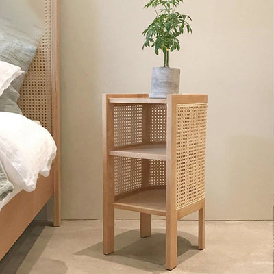 Table de nuit en bois de frêne avec tissage japonais traditionnel semi-circulaire elliptique en rotin à 2 rangements pour le chevet 