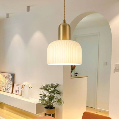 Japanischer Wabi-Sabi Messing Halbkreis Faltglas 1-Licht Pendelleuchte 