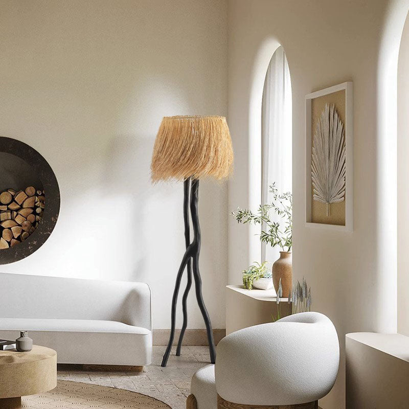 Lampe de sol 1 lumière avec base en résine de branche et abat-jour rond en tissage de bambou rustique traditionnel pour salles de divertissement 