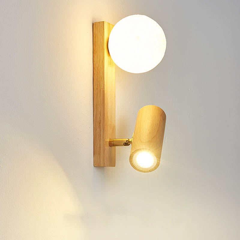 Applique murale LED en bois de caoutchouc avec boule ronde rectangulaire de simplicité moderne pour chambre à coucher 