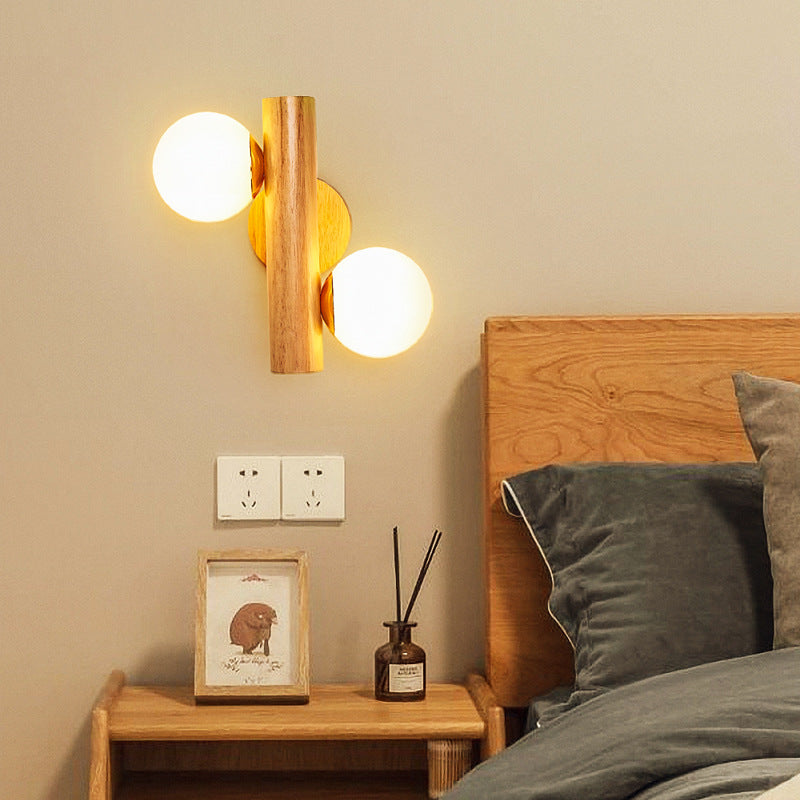 Applique murale à 2 lumières avec verre, matériel en bois, orbe cylindrique minimaliste moderne pour chambre 
