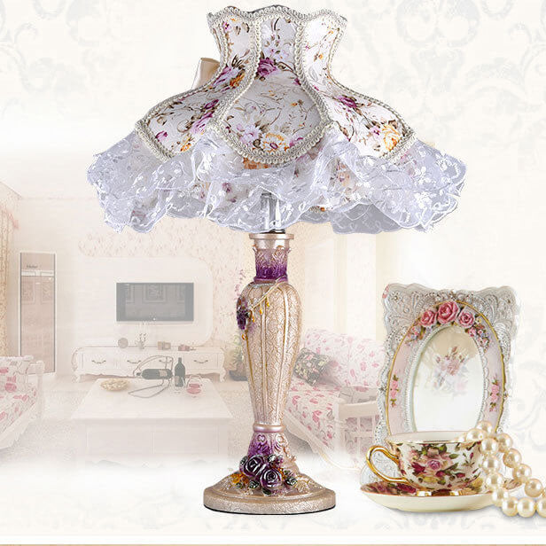 European Retro Fabric Lace Resin Lamp Holder 1-Light Table Lamp