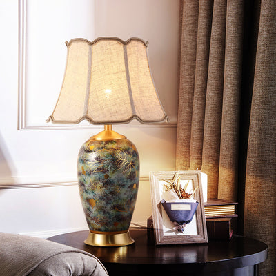 Modern Luxury Vase Base Pleated Octagon Lampshade Ceramic Fabric 1-Light Table Lamp For Bedroom