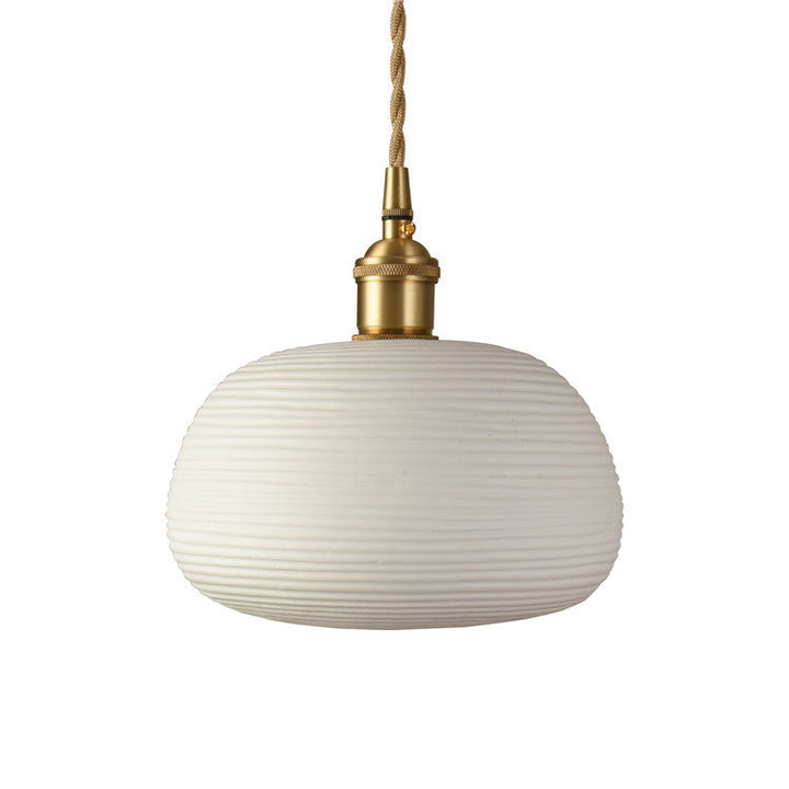 Lustre suspendu en céramique à rayures cylindriques irrégulières nordiques contemporaines avec cuivre et 1 lumière pour salon 
