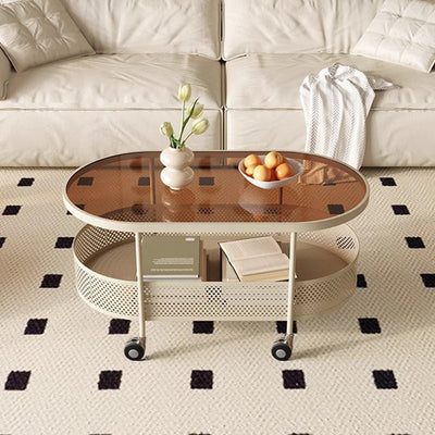Table d'appoint mobile en fer avec dessus en verre ovale de simplicité moderne, armoire à 2 niveaux pour le salon 