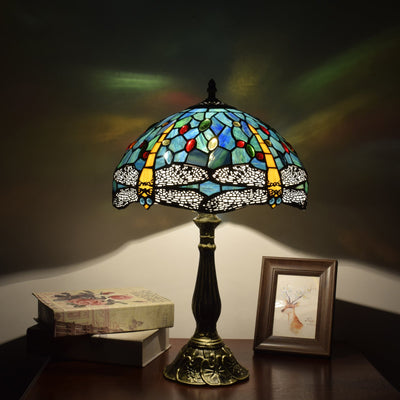 Traditionelle Tiffany Vintage Libelle Buntglas 1-Licht Tischlampe für Arbeitszimmer 