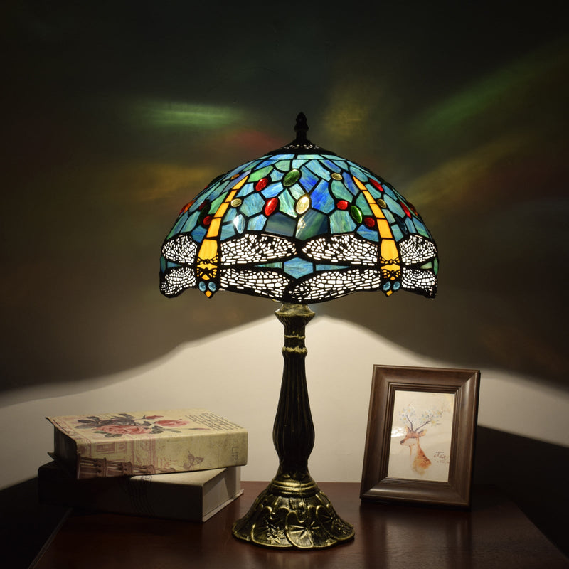 Traditionelle Tiffany Vintage Libelle Buntglas 1-Licht Tischlampe für Arbeitszimmer 