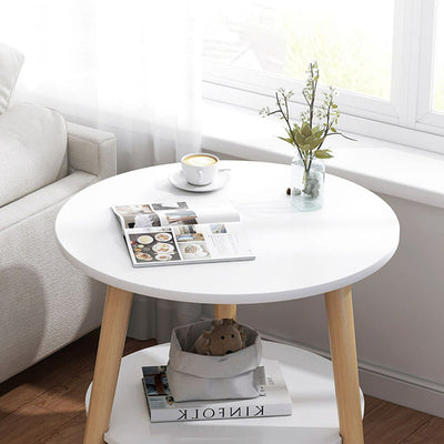 Table basse en bois moderne minimaliste avec plateau rond et base triangulaire à deux niveaux pour salon 