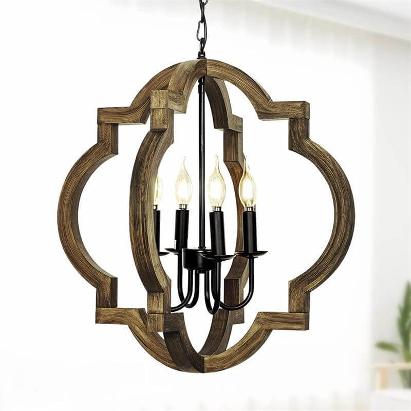 Industrial Creative Four-Sided Ring Candle Holder Iron Solid Wood 4-Light Pendant Light