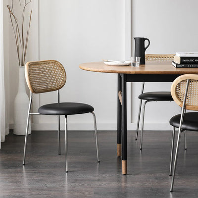 Contemporary Nordic Round PU Leather Wood Rattan Chair Backrest For Living Room