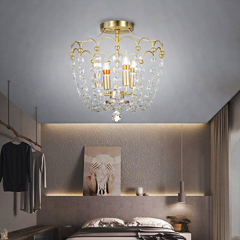 Europäisches leichtes Luxus-Kupferkristall-String 4-Licht Semi-Flush-Mount-Deckenleuchte 