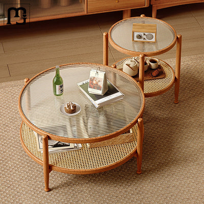 Traditioneller japanischer runder Glastisch aus Rattan und massivem Holz mit 2 Ebenen für das Wohnzimmer 