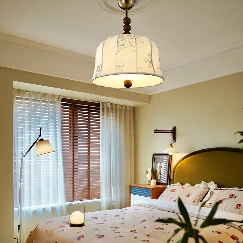 Lámpara colgante de 1 luz de tela floral redonda romántica francesa tradicional de madera y metal para dormitorio 