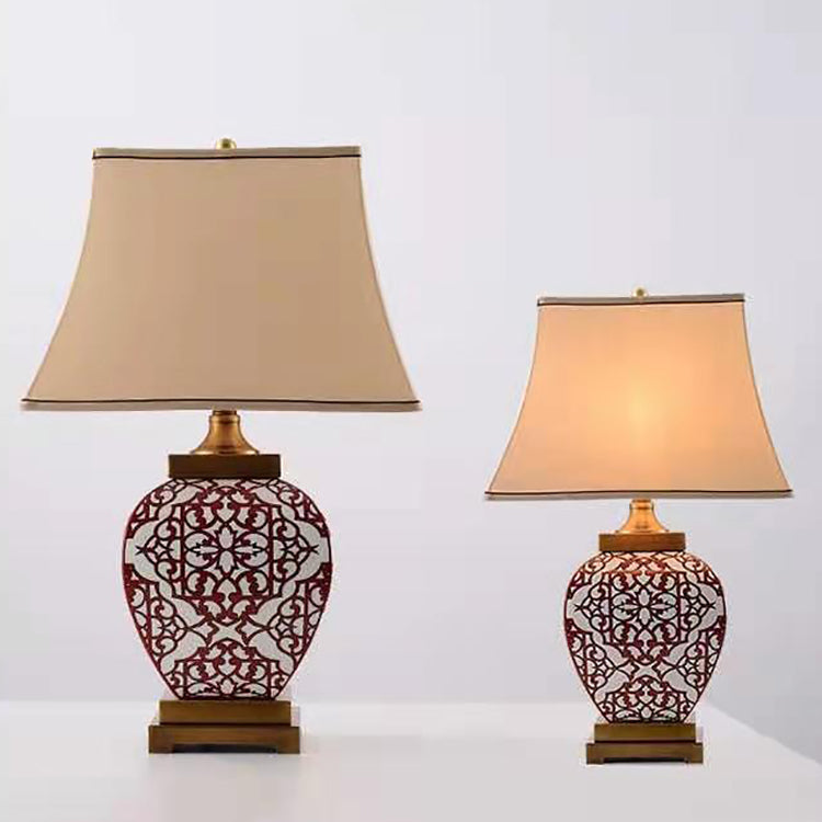 Traditional Chinese Cone Fabric Red Ceramic Jar Base 1-Light Table Lamp For Bedroom