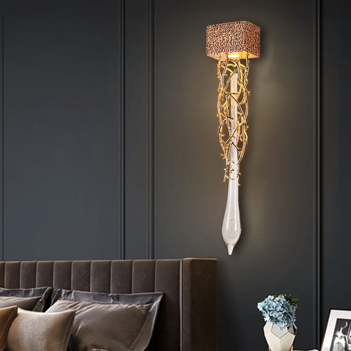 Modern Luxury Brass Tree Branch Hardware Crystal Water Drop Design 1-Light Wall Sconce Lamp