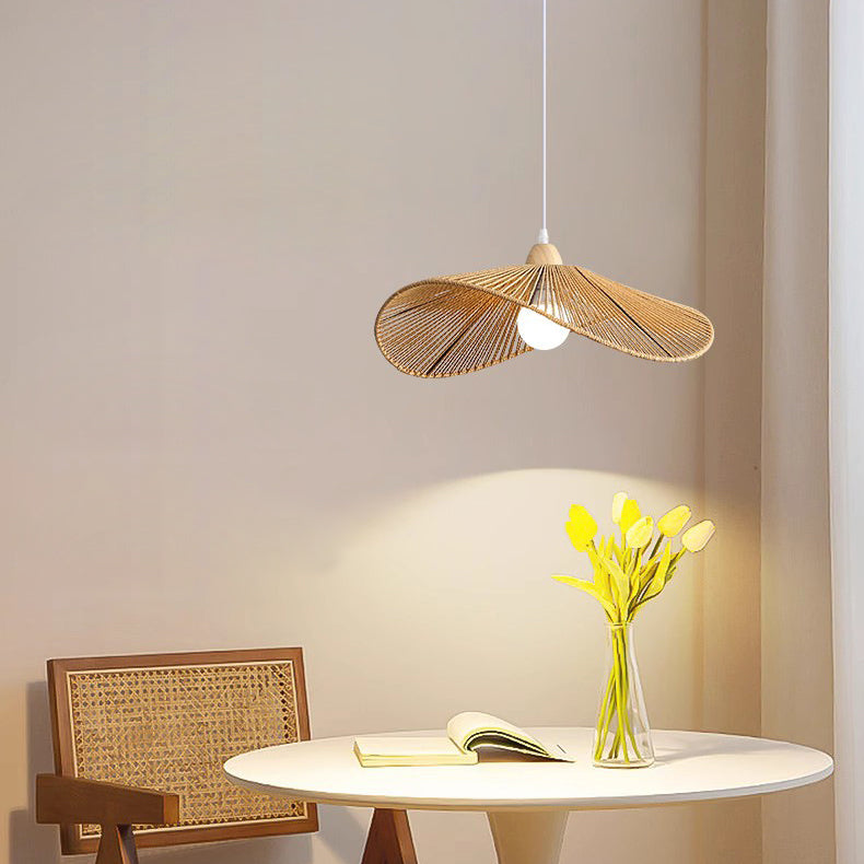 Traditionelle Vintage Holz Papier Seil Weben Strohhut Form 1-Licht Pendelleuchte für Wohnzimmer 