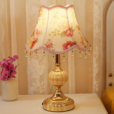 European Vintage Fabric Floral Glass Plating 1-Light Table Lamp