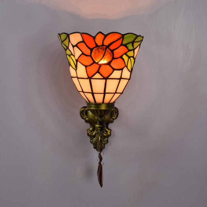 European Vintage Tiffany Sun Flower Glass Metal Resin 1/2-Light Wall Sconce Lamp