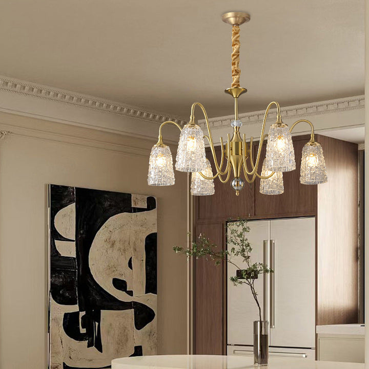 Traditioneller französischer Kronleuchter mit Vollkupferrahmen und Wasserwellen-Glasbecherschirm, 5/6/8/10 Lichter, für Wohnzimmer 