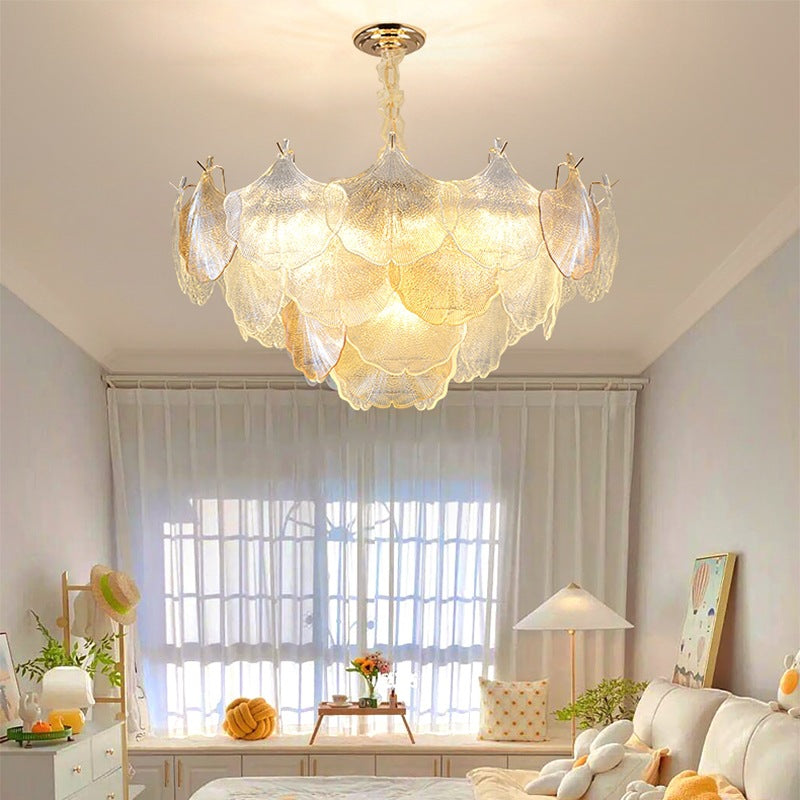 Lustre à 6/9 lumières en verre et fer avec feuille de ginkgo traditionnel français pour salon 