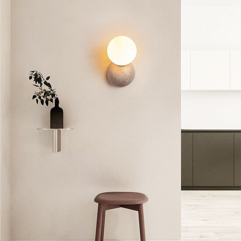 Japanese Minimalist Round Ball Stone 1-Light Wall Sconce Lamp