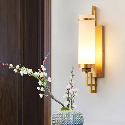 Modern Chinese Marble Column Copper 1-Light Wall Sconce Lamp