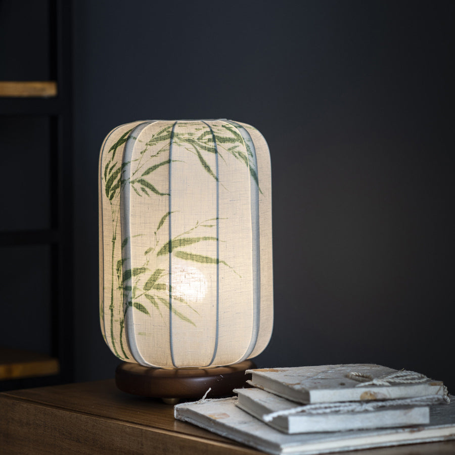 Lámpara de Mesa de 1 Luz de Hoja de Bambú Cilindro de Madera China Tradicional Algodón Cáñamo para Mesita de Noche 