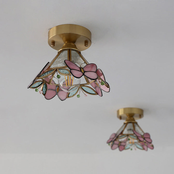 Plafonnier semi-encastré 1 lumière en laiton avec abat-jour en verre en forme de papillon vintage traditionnel pour salon 