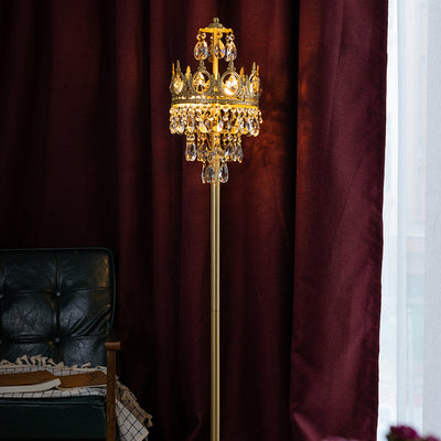 Traditionelle Luxus Kupfer Messing Kristall Krone Anhänger 3-Licht Stehlampe für Schlafzimmer 