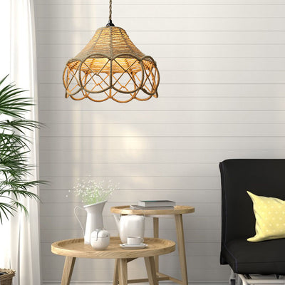 Japanese Retro Hemp Rope Weaving Flower Basket Iron 1-Light Pendant Light