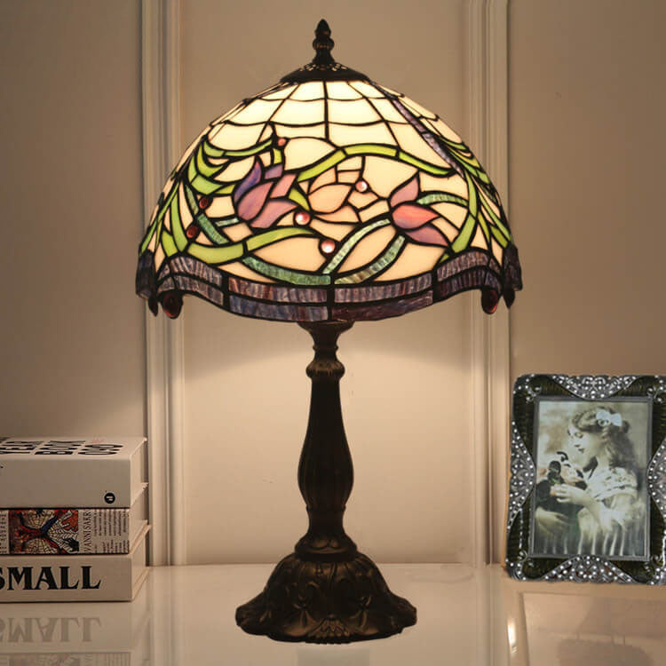 Lámpara de Mesa de 1 Luz con Cúpula de Resina de Vidrio Tiffany Tulip Vintage 