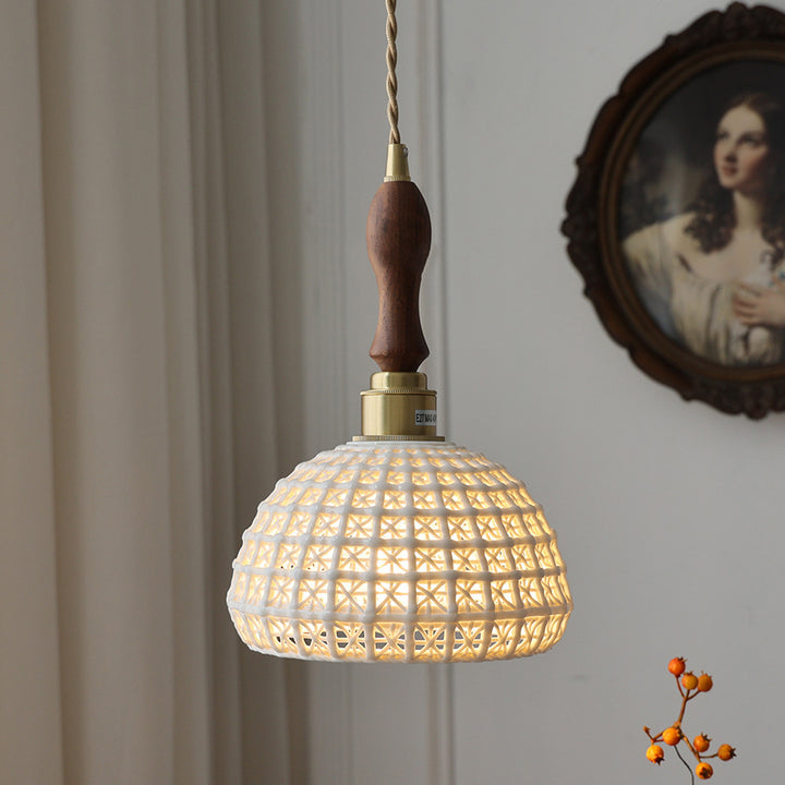 Contemporary Retro Ceramic Brass Copper-Plated Basket Shade 1-Light Pendant Light For Living Room &amp; Bedroom
