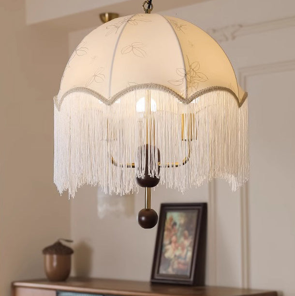 Traditionelle französische runde Quaste Eisen Holz Stoff 3-Licht Pendelleuchte für Wohnzimmer 