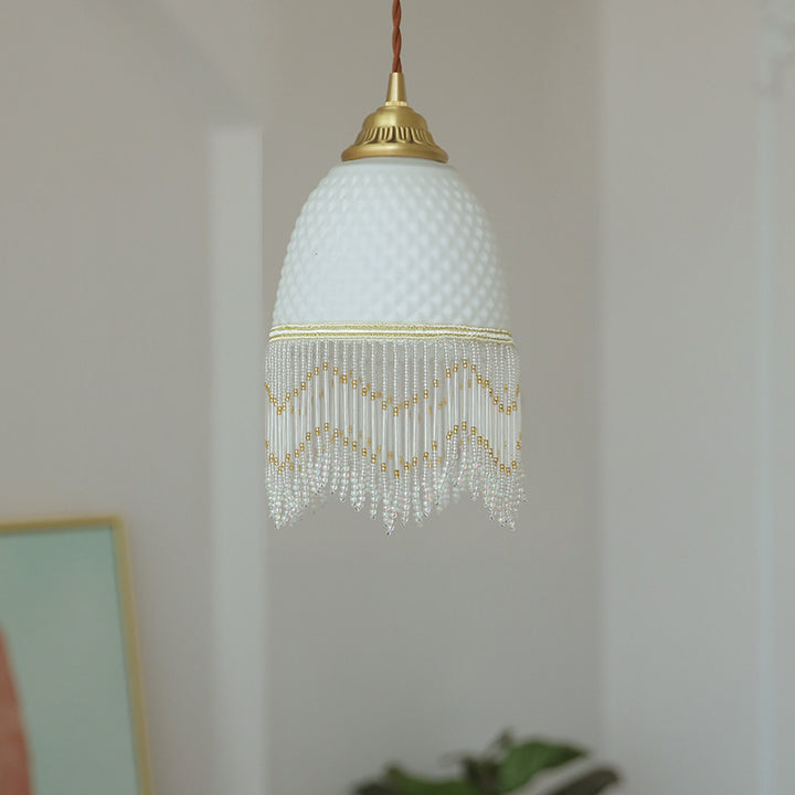 Lámpara colgante de 1 luz de cobre con cristal ovalado tradicional europeo con borla para dormitorio 