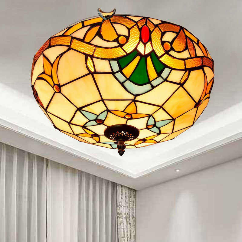 Plafonnier à trois lumières en verre teinté à rayures florales demi-orbe traditionnel Tiffany pour salon 