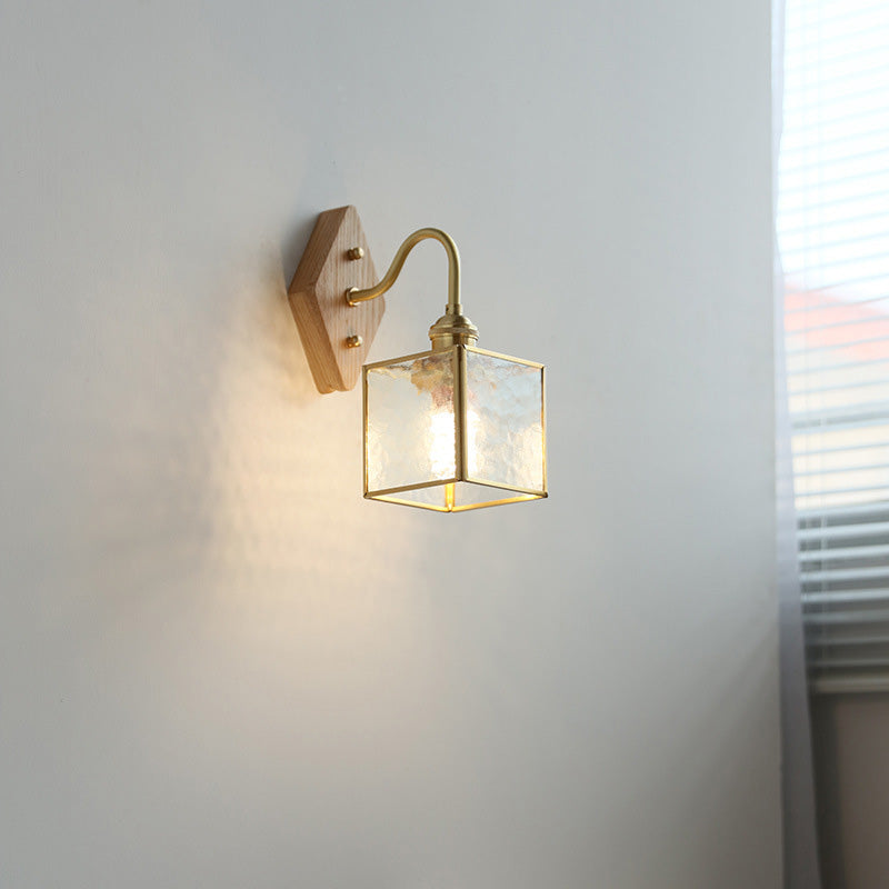 Applique Murale Traditionnelle Vintage Carrée en Verre de Cuivre et Bois à 1 Lumière pour Chambre 
