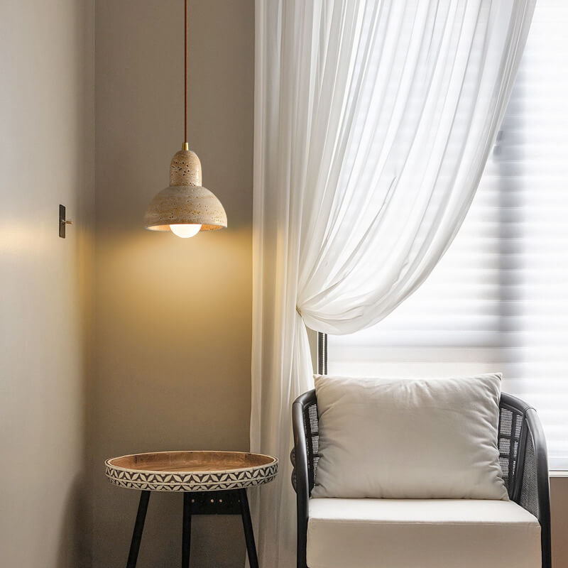 Traditional Japanese Yellow Travertine Semicircle 1-Light Pendant Light For Bedroom