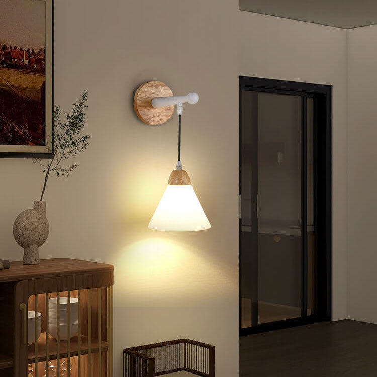 Modern Minimalist Frosted Cone Rubberwood Iron Glass Log Wood 1-Light Wall Sconce Lamp for Living Room