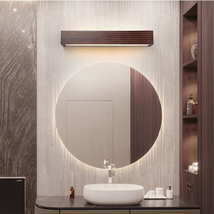 Traditional Japanese Striped Rectangular Wood LED Vanity Mirror Front Wall Sconce Lamp For Bedroom