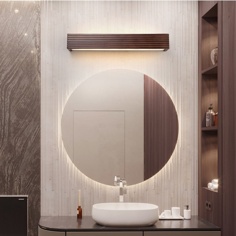 Traditional Chinese Striped Wood Cuboid LED Vanity Mirror Front Wall Sconce Lamp For Bathroom