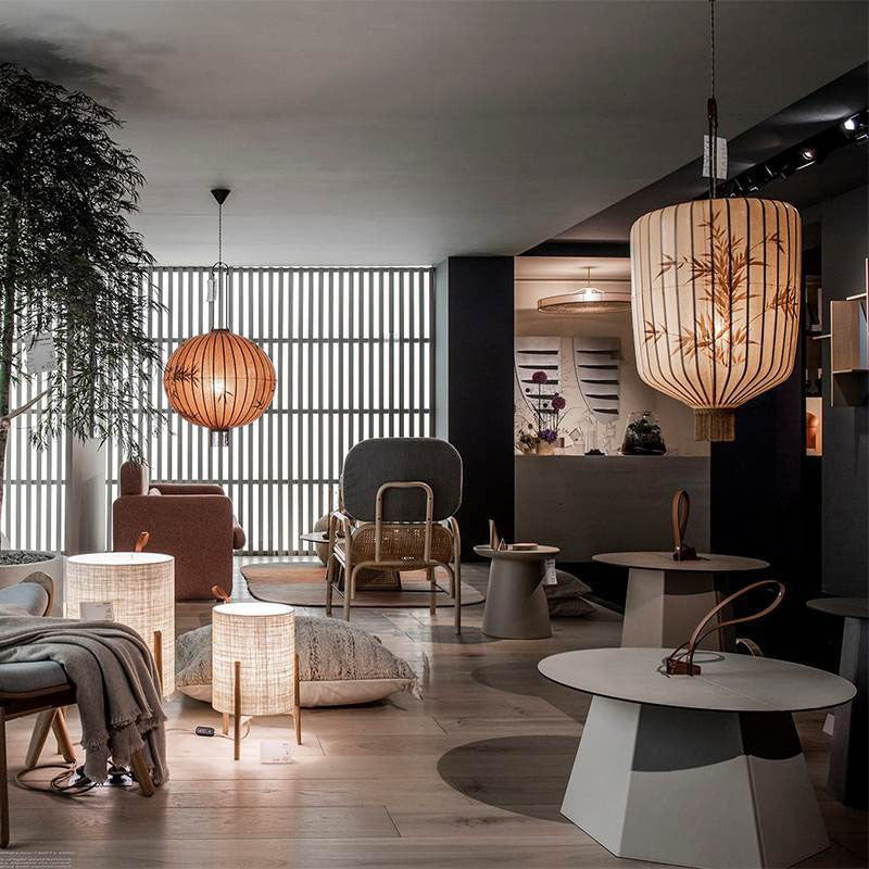 Traditionelle chinesische Bambusmuster Stoff Laterne Schatten 1-Licht Pendelleuchte für Esszimmer 