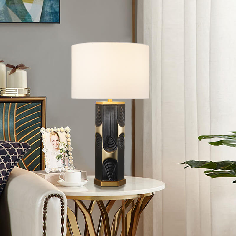 Modern Luxury Plated Hardware Ceramic Fabric Column Fabric 1-Light Table Lamp For Bedroom