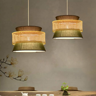 Traditional Japanese Rattan Weaving Fabric Round Shade 1-Light Pendant Light For Dining Room