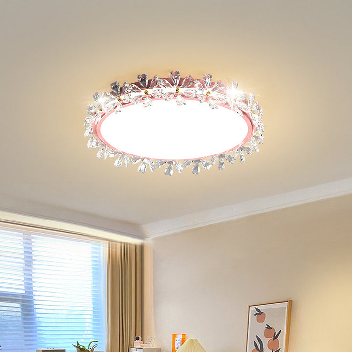 Lustre LED Plafonnier Rond Moderne en Fer Acrylique Plastique avec Fleurs pour Chambre 