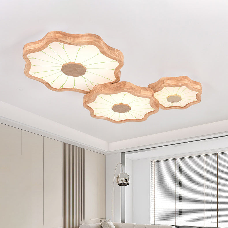 Traditionelle chinesische Lotusblatt-Deckenleuchte aus Holz, Eisen, Acryl, LED-Unterputz-Deckenleuchte für Wohnzimmer 