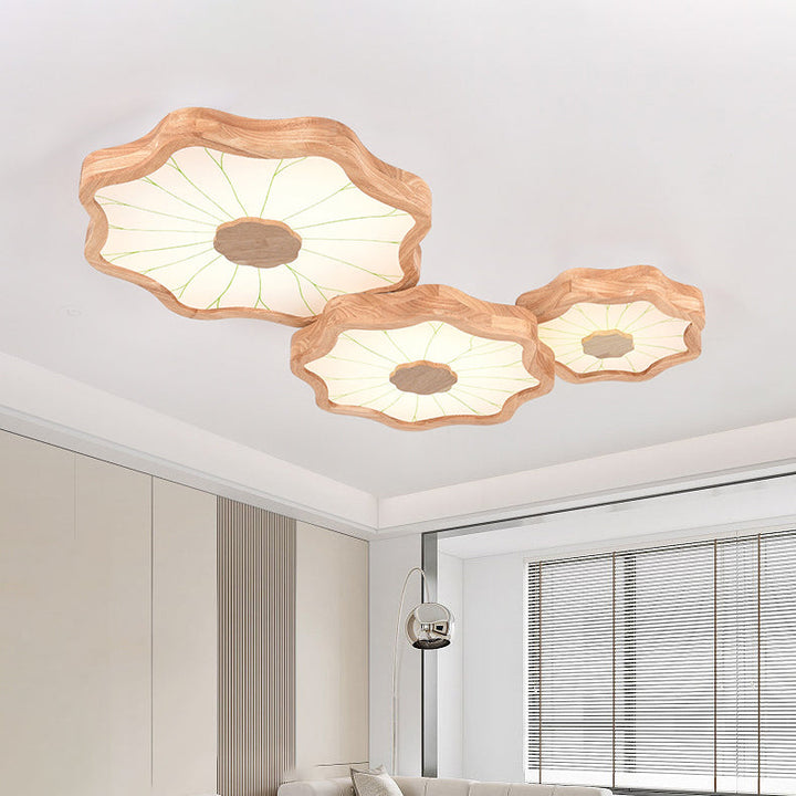 Traditionelle chinesische Lotusblatt-Deckenleuchte aus Holz, Eisen, Acryl, LED-Unterputz-Deckenleuchte für Wohnzimmer 