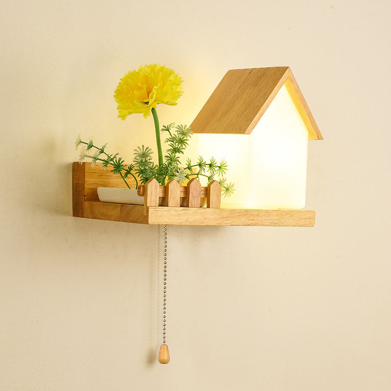 Contemporary Creative Log Cabin Flower Decoration 1-Light Wall Sconce Lamp For Living Room