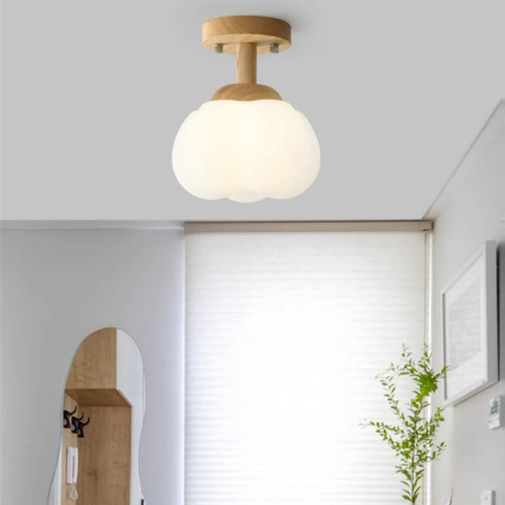 Monture de plafond semi-encastrée à 1 lumière en bois de caoutchouc de simplicité moderne PE citrouille ronde pour couloir 