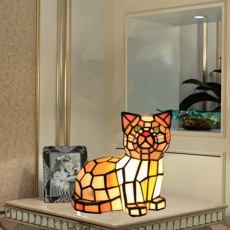 Lámpara de mesa de 1 luz con diseño de gato de vidrio Tiffany tradicional para dormitorio 