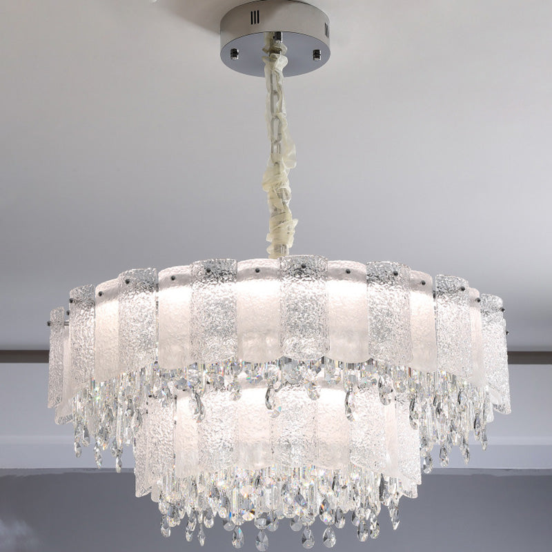 Traditionelle französische runde Ripple-Metallkristallglas-LED-Kronleuchter für Wohnzimmer 